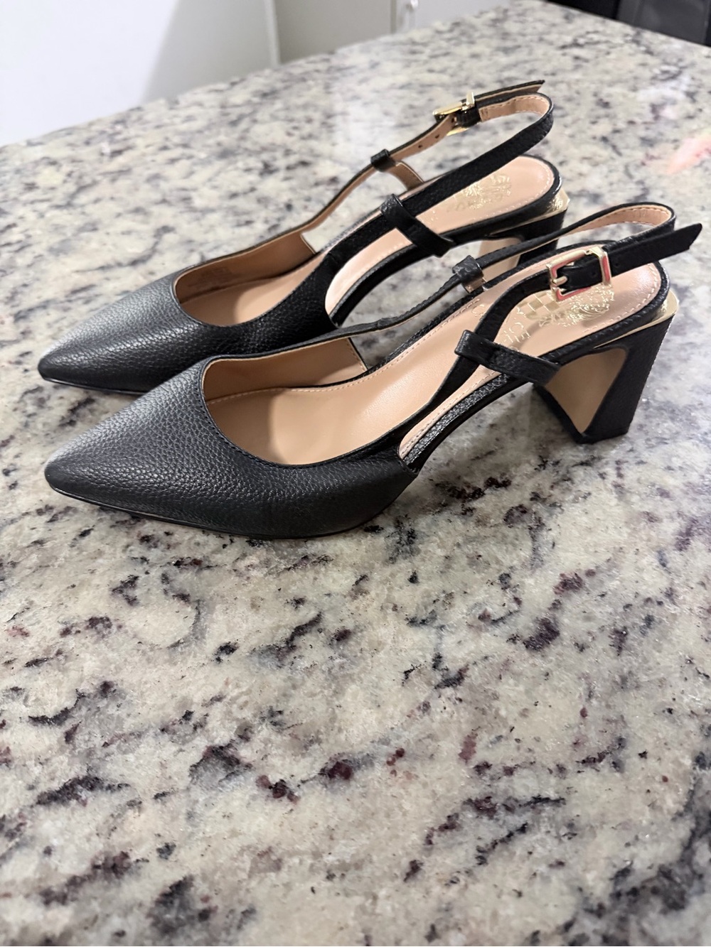 Vince Camuto Black Pointed Slingback Block Heels